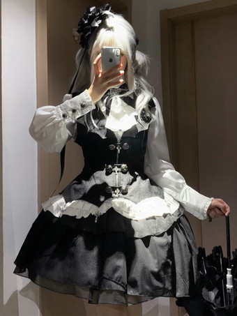 ブラック ゴシックロリータ衣装 ブラックジャカードフリル 長袖トップ ウエストコート