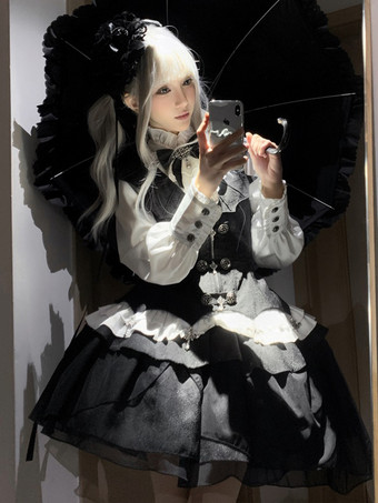 ゴシックロリータ衣装 ブラックジャカードフリル 長袖トップ ウエストコート