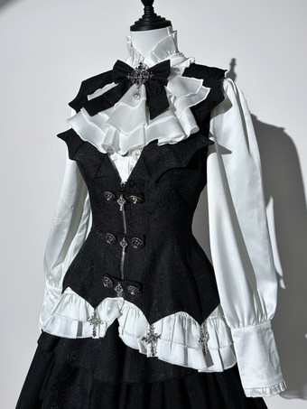 ゴシックロリータ衣装 ブラックジャカードフリル 長袖トップ ウエストコート