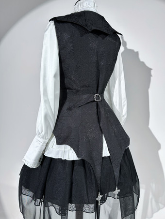 ゴシックロリータ衣装 ブラックジャカードフリル 長袖トップ ウエストコート