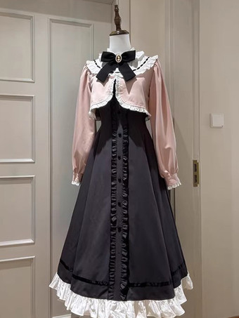 ピンククラシックロリータドレス フリル リボン カラー ブラック ロリータドレス