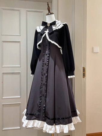 クラシックロリータドレス フリル リボン カラー ブラック ロリータドレス
