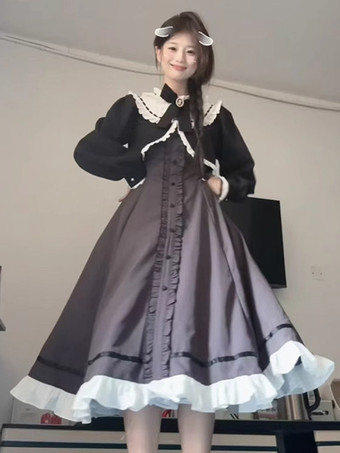 クラシックロリータドレス フリル リボン カラー ブラック ロリータドレス