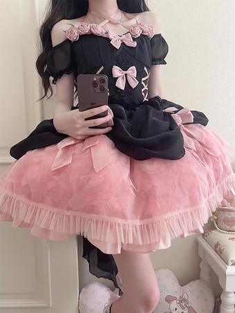 エレガントなゴシックロリータドレス レースアップ リボン カラー ブラック ピンク ロリータ JSK