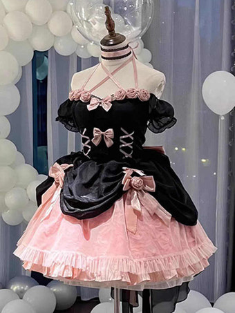エレガントなゴシックロリータドレス レースアップ リボン カラー ブラック ピンク ロリータ JSK