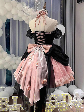 エレガントなゴシックロリータドレス レースアップ リボン カラー ブラック ピンク ロリータ JSK