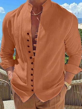 オレンジ メンズカジュアルシャツ スタンドカラー 長袖 カジュアルリネン メンズシャツ