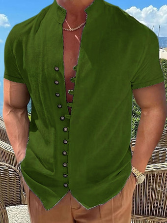 ハンターグリーン 夏 ビーチ カジュアル シャツ 半袖 リネン メンズ シャツ