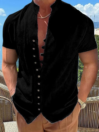 ブラック 夏 ビーチ カジュアル シャツ 半袖 リネン メンズ シャツ