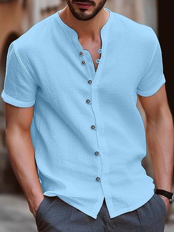 ライトスカイブルー夏ビーチカジュアルシャツ 半袖キューバメンズシャツ