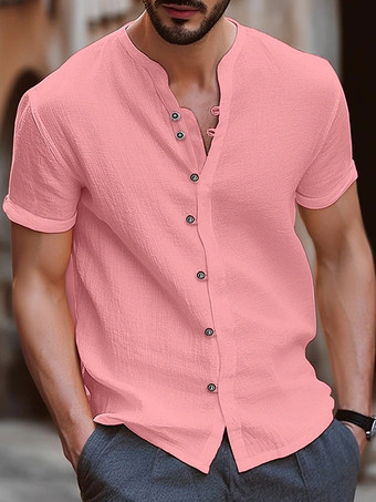 ピンク夏ビーチカジュアルシャツ 半袖キューバメンズシャツ