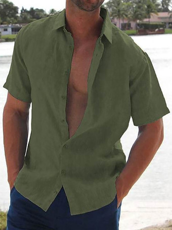 ハンターグリーン メンズカジュアルシャツ ターンダウンカラー 半袖 夏用ビーチシャツ