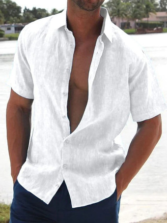 ホワイト メンズカジュアルシャツ ターンダウンカラー 半袖 夏用ビーチシャツ