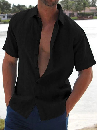 ブラック メンズカジュアルシャツ ターンダウンカラー 半袖 夏用ビーチシャツ