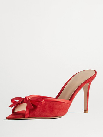 レッド レディース ハイヒール ミュール スエード ピープトゥ ボウ スティエットヒール バックレス パンプス