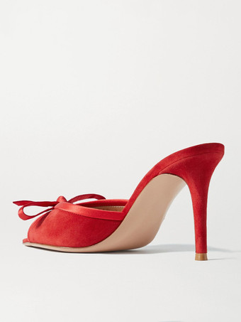 レディース ハイヒール ミュール スエード ピープトゥ ボウ スティエットヒール バックレス パンプス