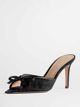ブラック レディース ハイヒール ミュール スエード ピープトゥ ボウ スティエットヒール バックレス パンプス