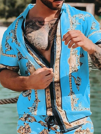 メンズ ハワイアン マッチングセット 夏 トロピカル ビーチ 2ピース アウトフィット ボタンダウン シャツとショーツ