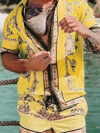 メンズ ハワイアン マッチングセット 夏 トロピカル ビーチ 2ピース アウトフィット ボタンダウン シャツとショーツ