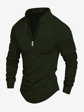 ハンターグリーン メンズ ポロシャツ Vネック 長袖 ジッパー レギュラーフィット グレー ハンサム ポロシャツ