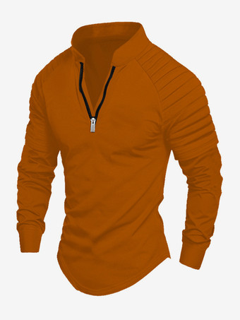 薄栗色メンズ ポロシャツ Vネック 長袖 ジッパー レギュラーフィット グレー ハンサム ポロシャツ