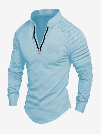 ライトスカイブルーメンズ ポロシャツ Vネック 長袖 ジッパー レギュラーフィット グレー ハンサム ポロシャツ