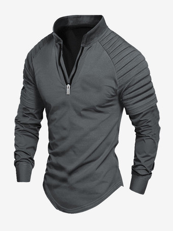 グレイメンズ ポロシャツ Vネック 長袖 ジッパー レギュラーフィット グレー ハンサム ポロシャツ