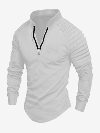 ホワイト メンズ ポロシャツ Vネック 長袖 ジッパー レギュラーフィット グレー ハンサム ポロシャツ