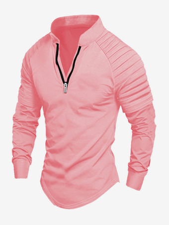 ピンクメンズ ポロシャツ Vネック 長袖 ジッパー レギュラーフィット グレー ハンサム ポロシャツ