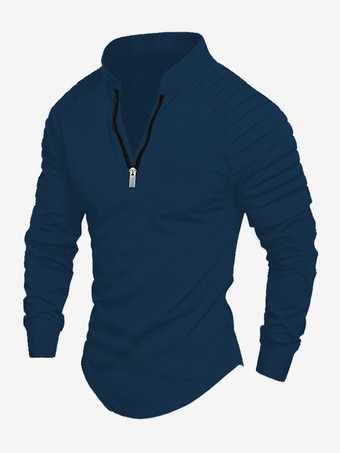 ダークネイビーメンズ ポロシャツ Vネック 長袖 ジッパー レギュラーフィット グレー ハンサム ポロシャツ