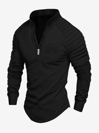 ブラック メンズ ポロシャツ Vネック 長袖 ジッパー レギュラーフィット グレー ハンサム ポロシャツ