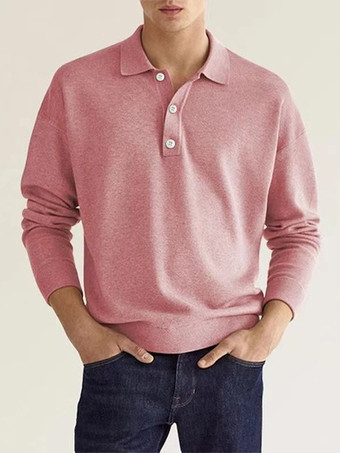 ピンクメンズ ポロシャツ 襟付き 長袖 ボタン スポーツ Tシャツ アスレチック ゴルフ ポロシャツ デイリーシャツ