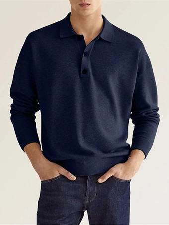 ダークネイビーメンズ ポロシャツ 襟付き 長袖 ボタン スポーツ Tシャツ アスレチック ゴルフ ポロシャツ デイリーシャツ