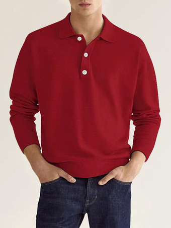 ワインレッド メンズ ポロシャツ 襟付き 長袖 ボタン スポーツ Tシャツ アスレチック ゴルフ ポロシャツ デイリーシャツ