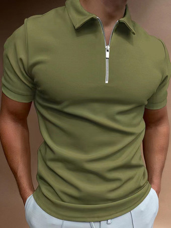 ハンターグリーン メンズ ポロシャツ ターンダウンカラー 半袖 ジッパー レギュラーフィット Tシャツ