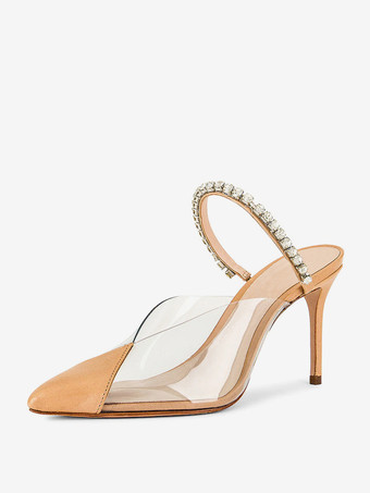 レディース ハイヒール ミュール ポインテッドトゥ ラインストーン バックレス パンプス パーティーシューズ