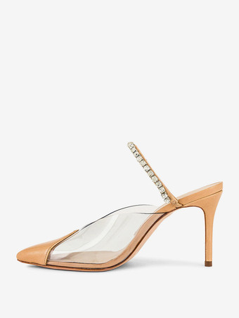 ライト アプリコットレディース ハイヒール ミュール ポインテッドトゥ ラインストーン バックレス パンプス パーティーシューズ