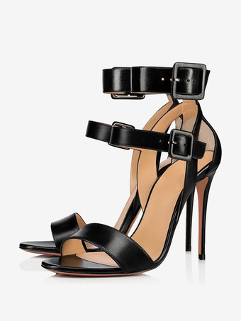 Black Women High Heel Sandals Open Toe Buckle Detail Ankle Strap Party Shoes