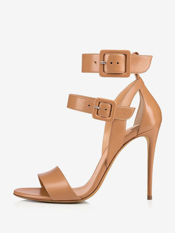 BrownWomen High Heel Sandals Open Toe Buckle Detail Ankle Strap Party Shoes