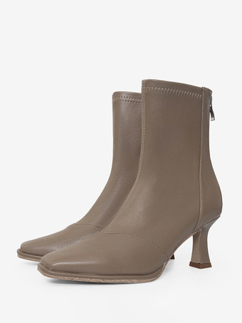 Light Brown Women's Ankle Boots Square Toe Zipper Special-Shaped Heel Booties