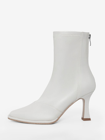 White Women's Ankle Boots Square Toe Zipper Special-Shaped Heel Booties