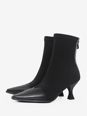 SchwarzSchwarze Stiefeletten mit Patchwork-Muster hohem Absatz und quadratischer Zehenpartie Reißverschluss