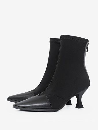 Schwarze Stiefeletten mit Patchwork-Muster hohem Absatz und quadratischer Zehenpartie Reißverschluss