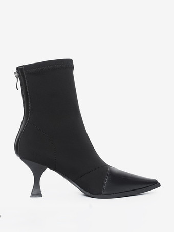 Schwarze Stiefeletten mit Patchwork-Muster hohem Absatz und quadratischer Zehenpartie Reißverschluss