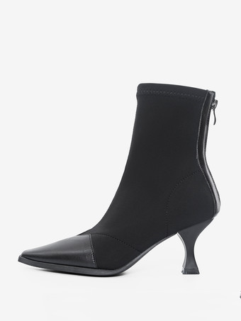 Schwarze Stiefeletten mit Patchwork-Muster hohem Absatz und quadratischer Zehenpartie Reißverschluss