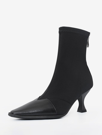 Schwarze Stiefeletten mit Patchwork-Muster hohem Absatz und quadratischer Zehenpartie Reißverschluss