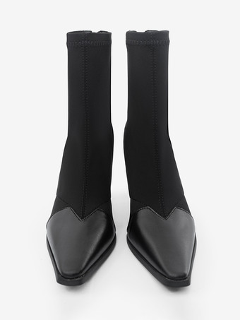 Schwarze Stiefeletten mit Patchwork-Muster hohem Absatz und quadratischer Zehenpartie Reißverschluss