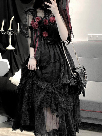   ゴシックロリータドレス フリル 花 ブラック 姫ロリータ JSK