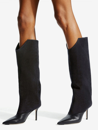 Kniehohe Stiefel mit hohem Absatz und Patchwork-Muster spitzer Zehenpartie und breiter Wadenpartie