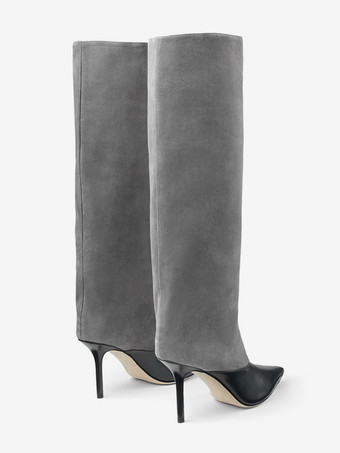 Kniehohe Stiefel mit hohem Absatz und Patchwork-Muster spitzer Zehenpartie und breiter Wadenpartie